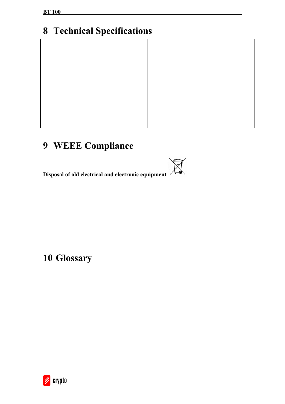 8 technical specifications, 9 weee compliance, 10 glossary | chiliGREEN BT100 User Manual | Page 36 / 37