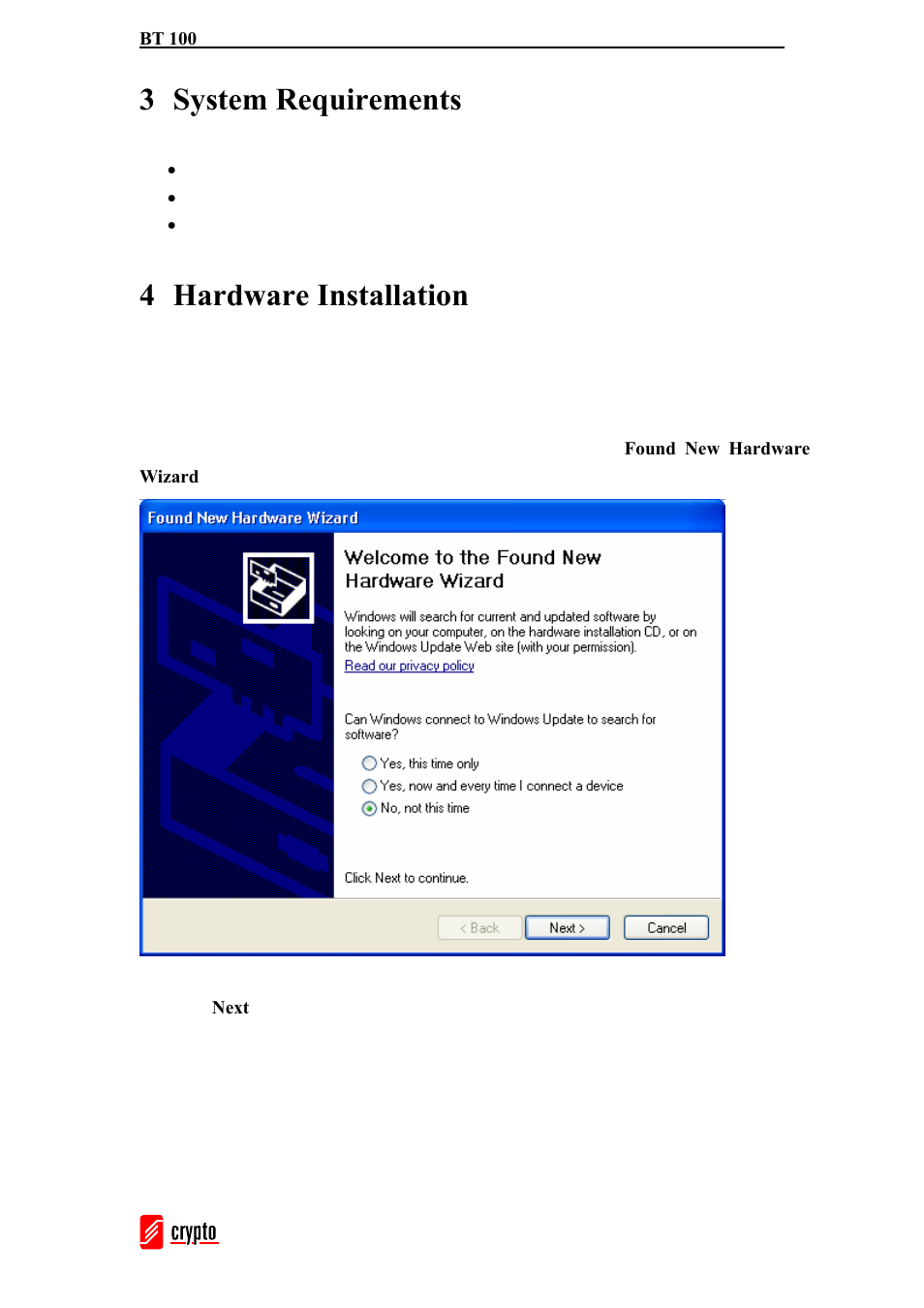 3 system requirements, 4 hardware installation | chiliGREEN BT100 User Manual | Page 4 / 37