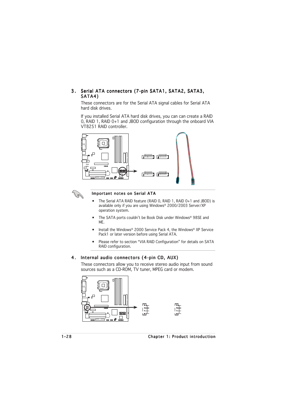 P5vdc-mx sata connectors, 98se and me. • install the windows, P5vdc-mx internal audio connectors | chiliGREEN P5VDC-MX User Manual | Page 40 / 94