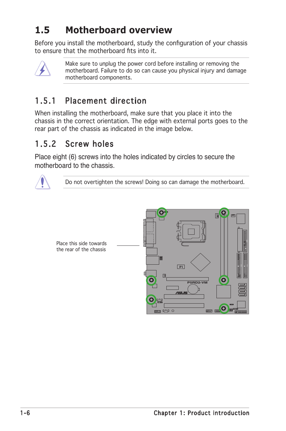 5 motherboard overview, 1 placement direction, 2 screw holes | chiliGREEN P5RD2-TVM User Manual | Page 18 / 90