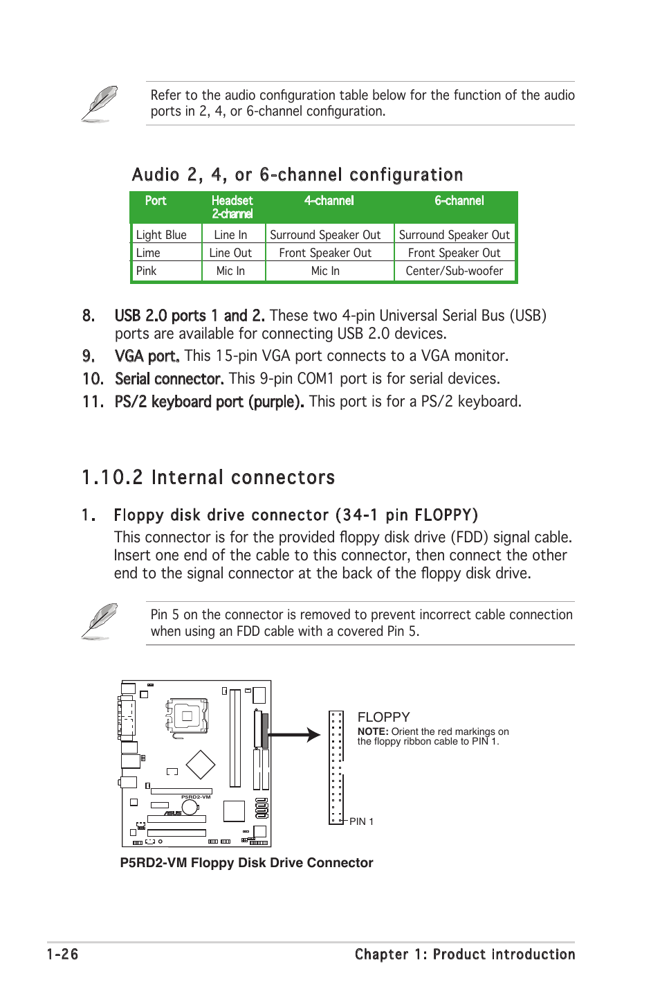 2 internal connectors, Audio 2, 4, or 6-channel configuration | chiliGREEN P5RD2-TVM User Manual | Page 38 / 90