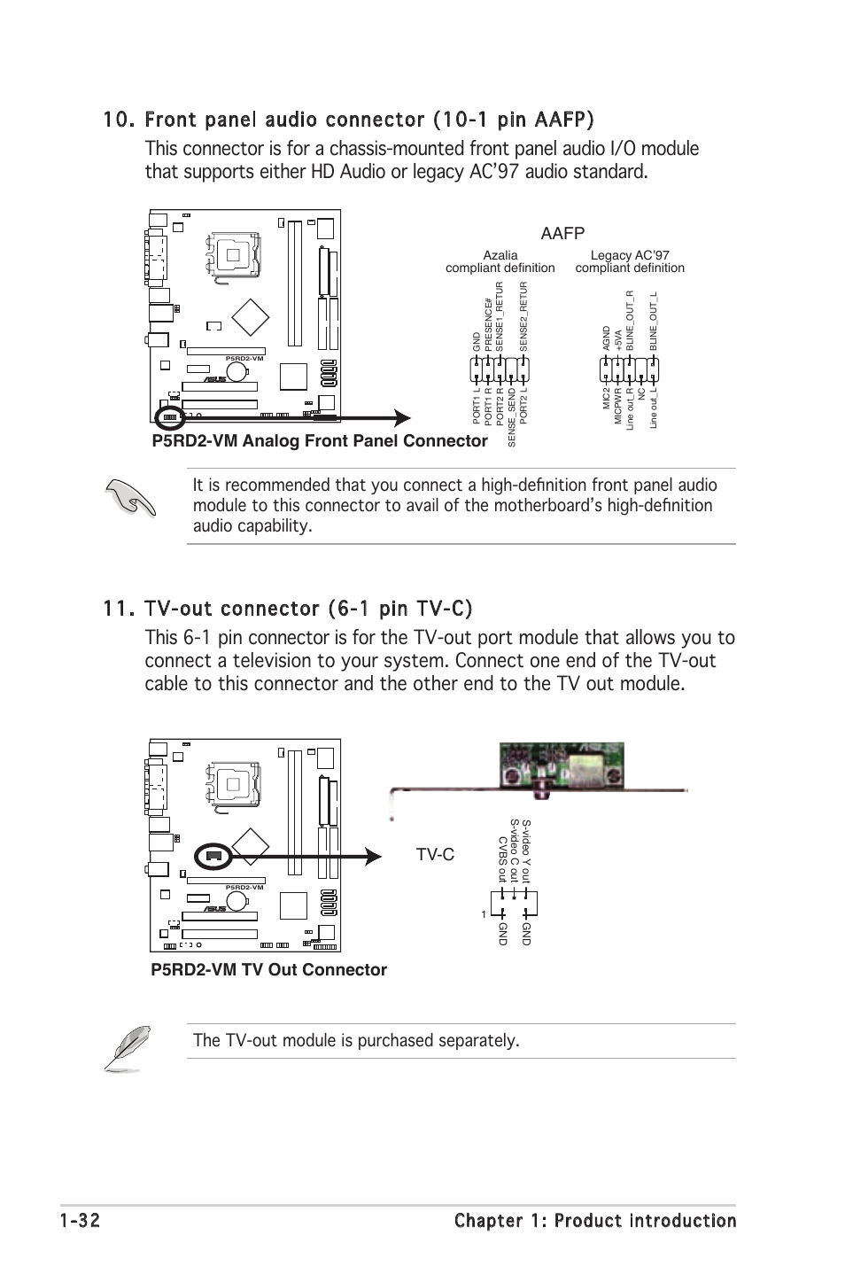 32 chapter 1: product introduction, P5rd2-vm tv out connector tv-c, The tv-out module is purchased separately | chiliGREEN P5RD2-TVM User Manual | Page 44 / 90