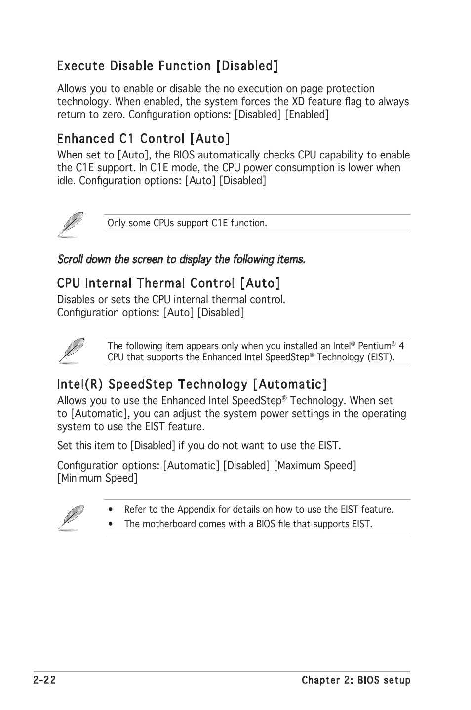 Execute disable function [disabled, Enhanced c1 control [auto, Intel(r) speedstep technology [automatic | Cpu internal thermal control [auto | chiliGREEN P5RD2-TVM User Manual | Page 68 / 90