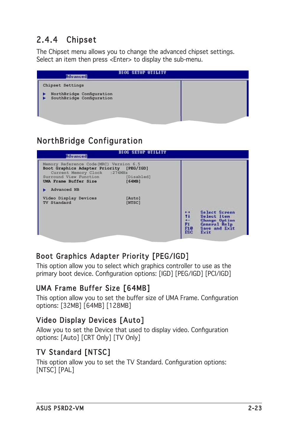 4 chipset, Northbridge configuration, Boot graphics adapter priority [peg/igd | Uma frame buffer size [64mb, Video display devices [auto, Tv standard [ntsc | chiliGREEN P5RD2-TVM User Manual | Page 69 / 90