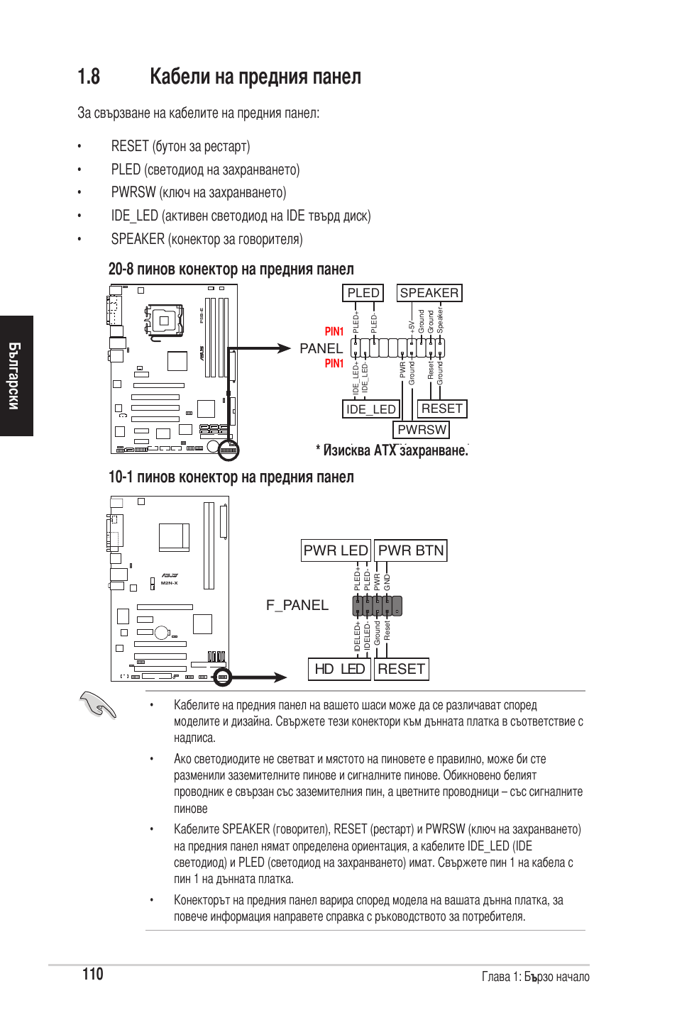 8 кабели на предния панел, Изисква atx захранване, F_panel | Hd led rese. pwr led pwr btn | chiliGREEN P5G41T-M LX2 User Manual | Page 112 / 722