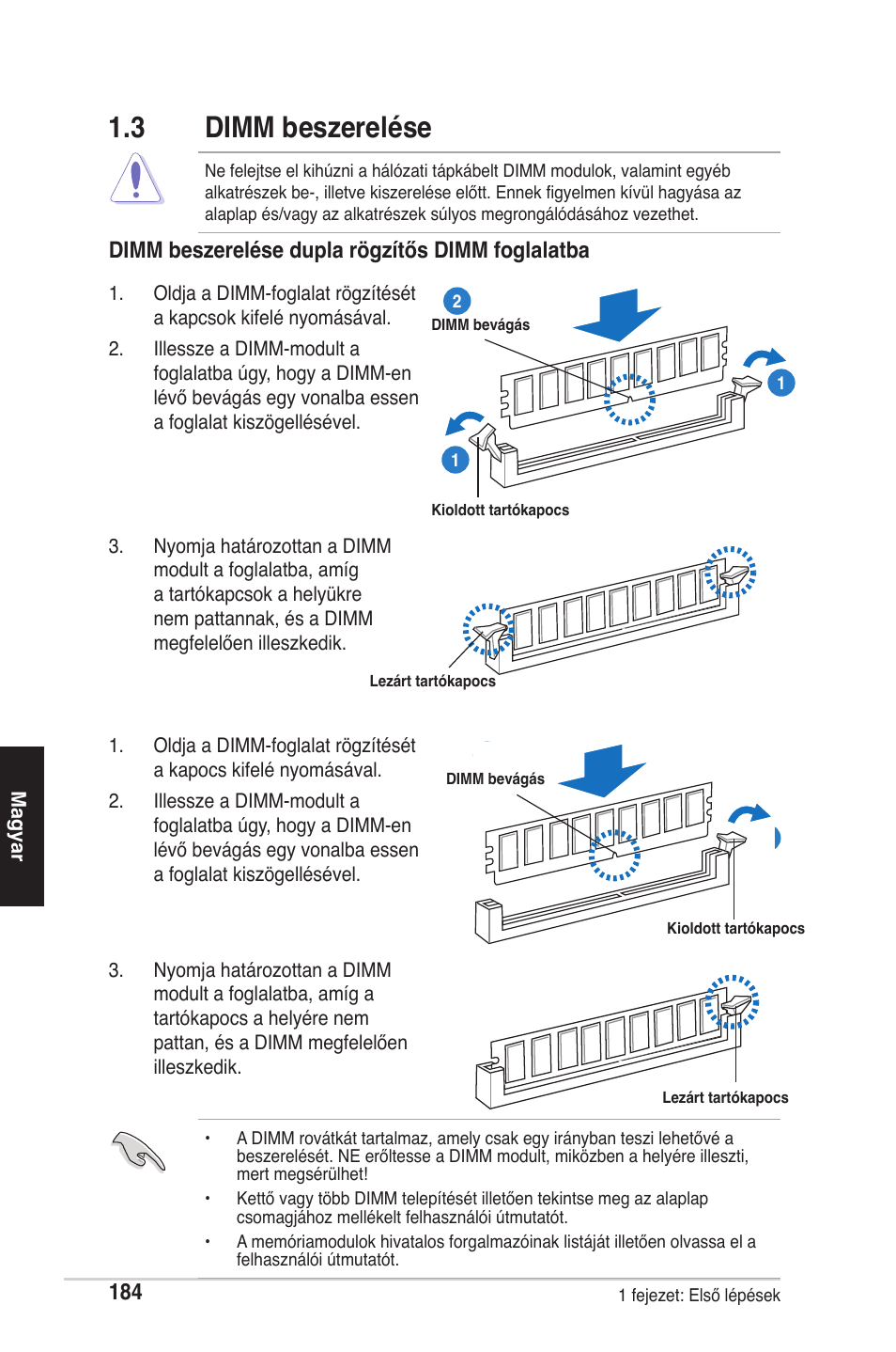 3 dimm beszerelése, Dimm beszerelése dupla rögzítős dimm foglalatba | chiliGREEN P5G41T-M LX2 User Manual | Page 186 / 722