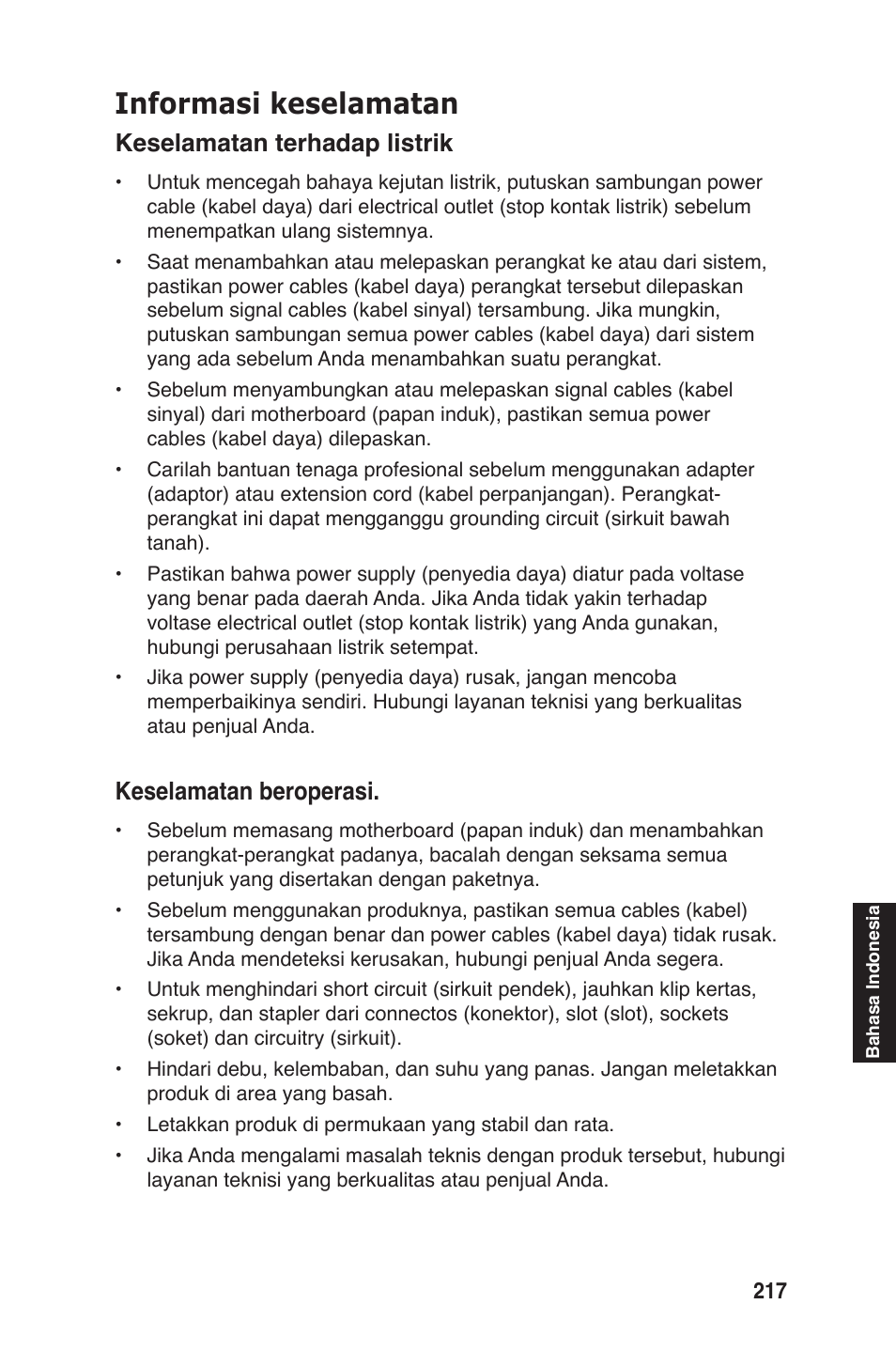 Informasi keselamatan, Keselamatan terhadap listrik, Keselamatan beroperasi | chiliGREEN P5G41T-M LX2 User Manual | Page 219 / 722