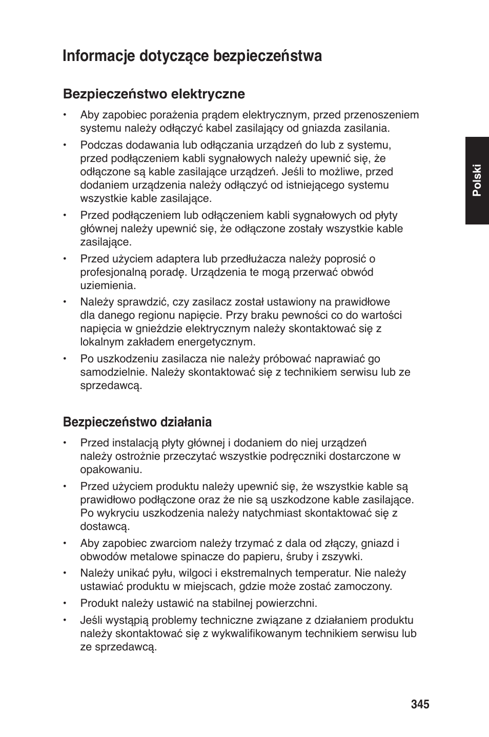 Informacje dotyczące bezpieczeństwa, Bezpieczeństwo elektryczne, Bezpieczeństwo działania | chiliGREEN P5G41T-M LX2 User Manual | Page 347 / 722