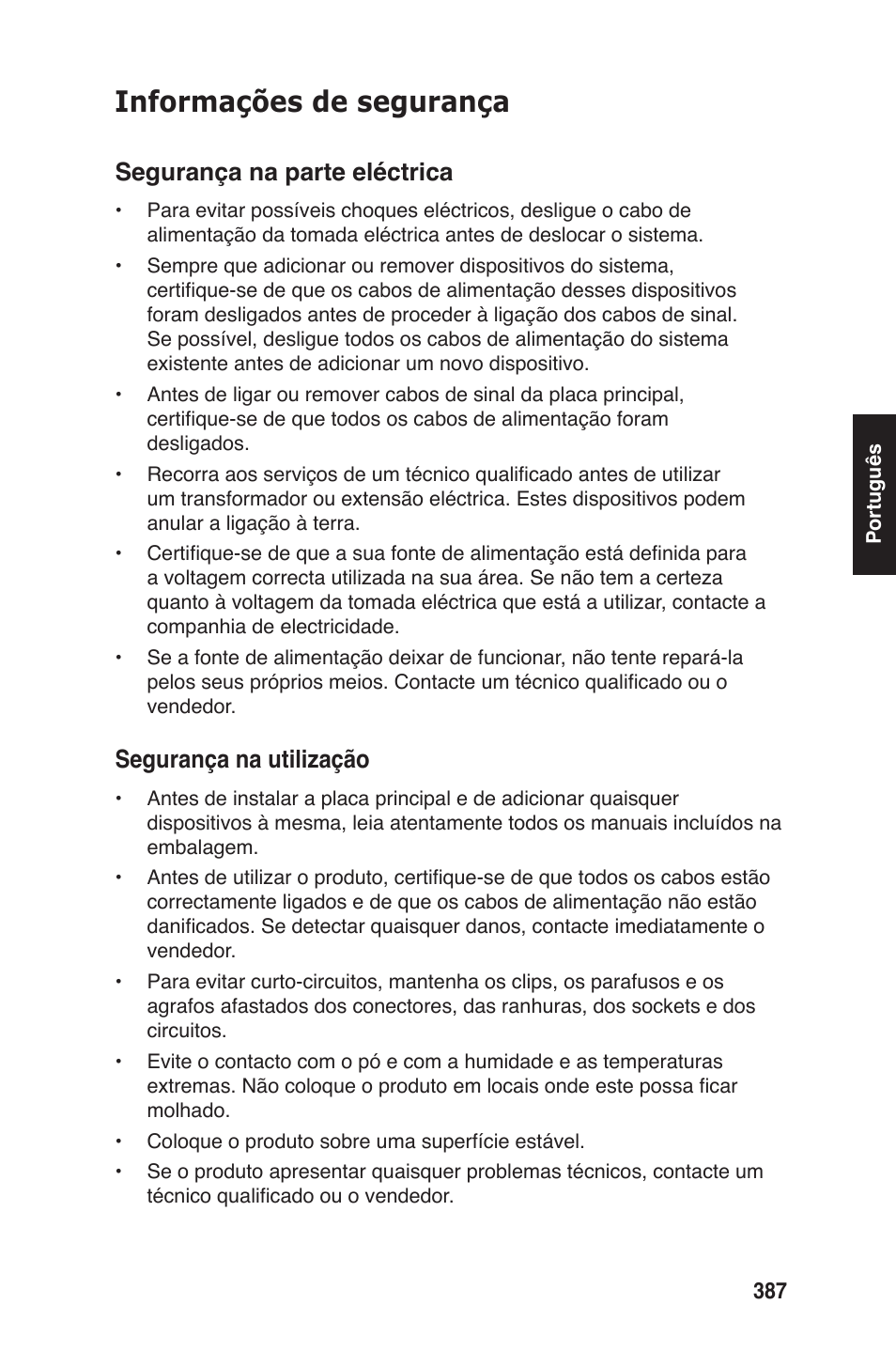Informações de segurança, Segurança na parte eléctrica, Segurança na utilização | chiliGREEN P5G41T-M LX2 User Manual | Page 389 / 722