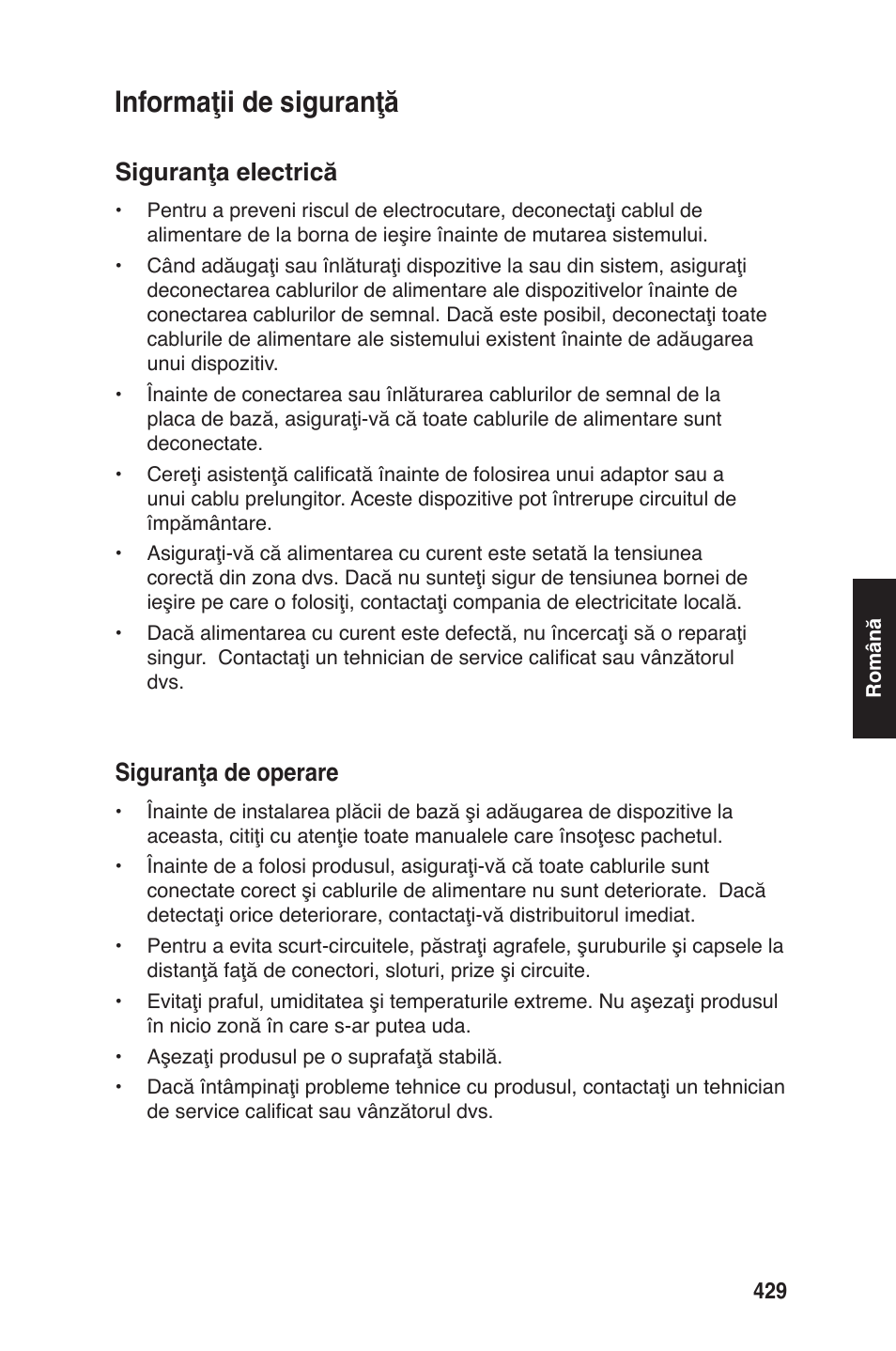 Informaţii de siguranţă, Siguranţa electrică, Siguranţa de operare | chiliGREEN P5G41T-M LX2 User Manual | Page 431 / 722