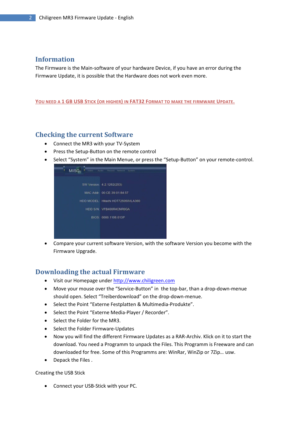 Information, Checking the current software, Downloading the actual firmware | chiliGREEN Media Recorder 3 Firmware Update User Manual | Page 2 / 4