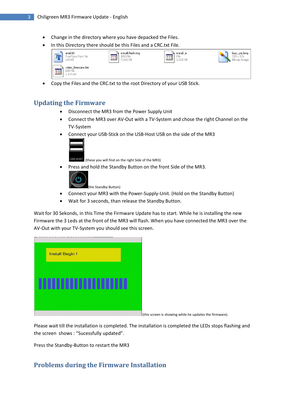 Updating the firmware, Problems during the firmware installation | chiliGREEN Media Recorder 3 Firmware Update User Manual | Page 3 / 4