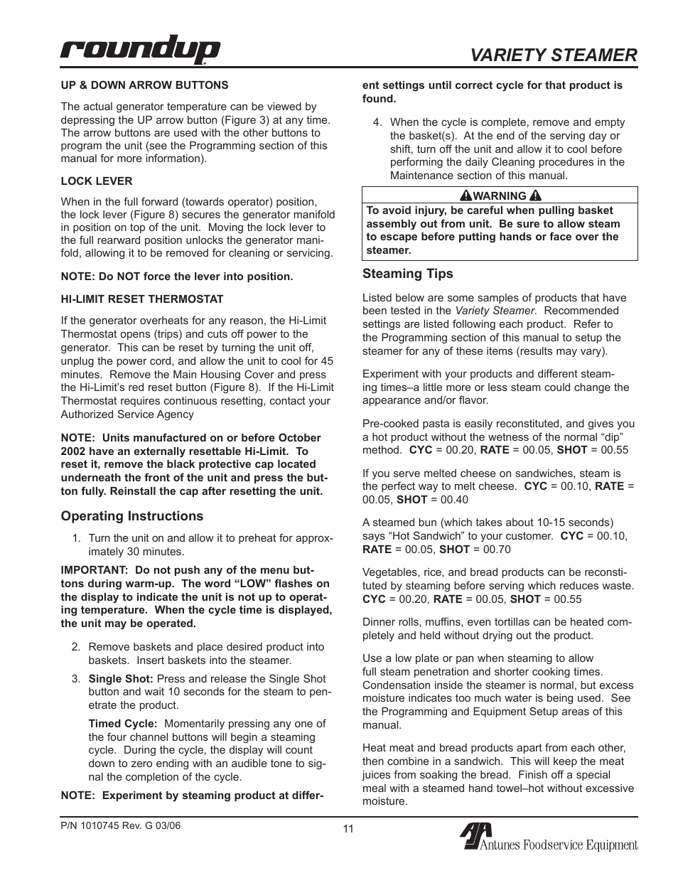 Variety steamer | Antunes, AJ VS-350 User Manual | Page 11 / 24