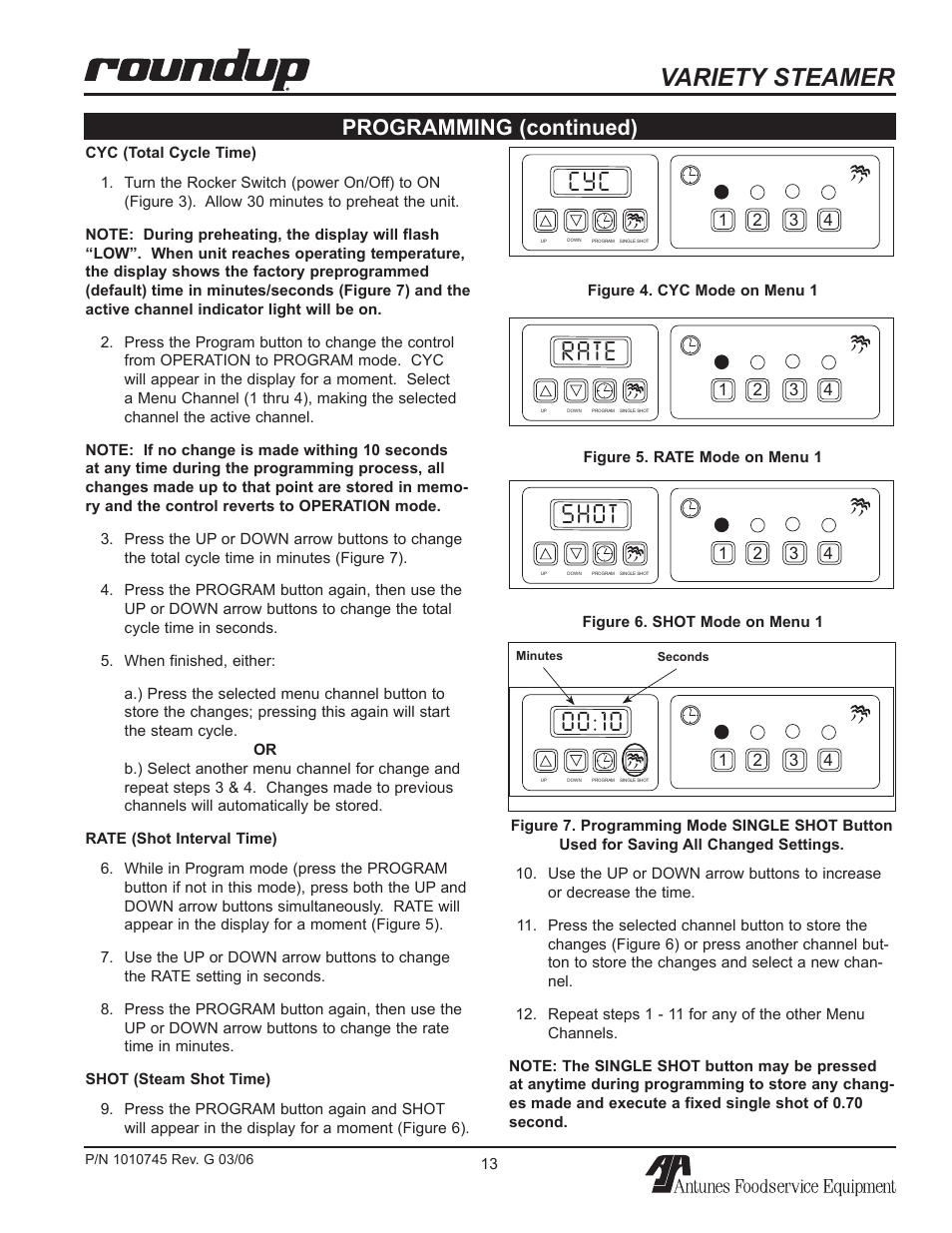Variety steamer, Shot, Rate | Programming (continued) | Antunes, AJ VS-350 User Manual | Page 13 / 24