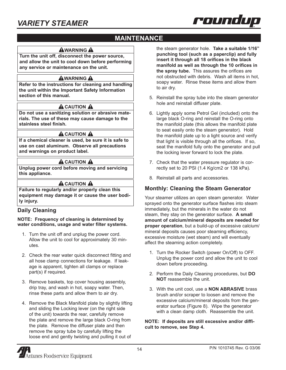 Variety steamer, Maintenance | Antunes, AJ VS-350 User Manual | Page 14 / 24