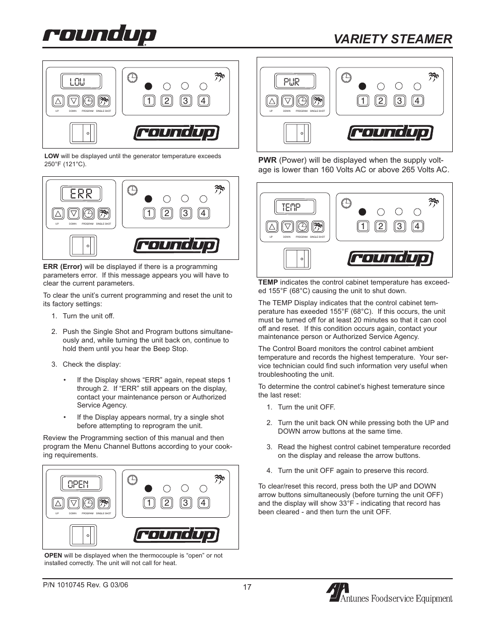 Variety steamer, Shot, Open | Temp | Antunes, AJ VS-350 User Manual | Page 17 / 24
