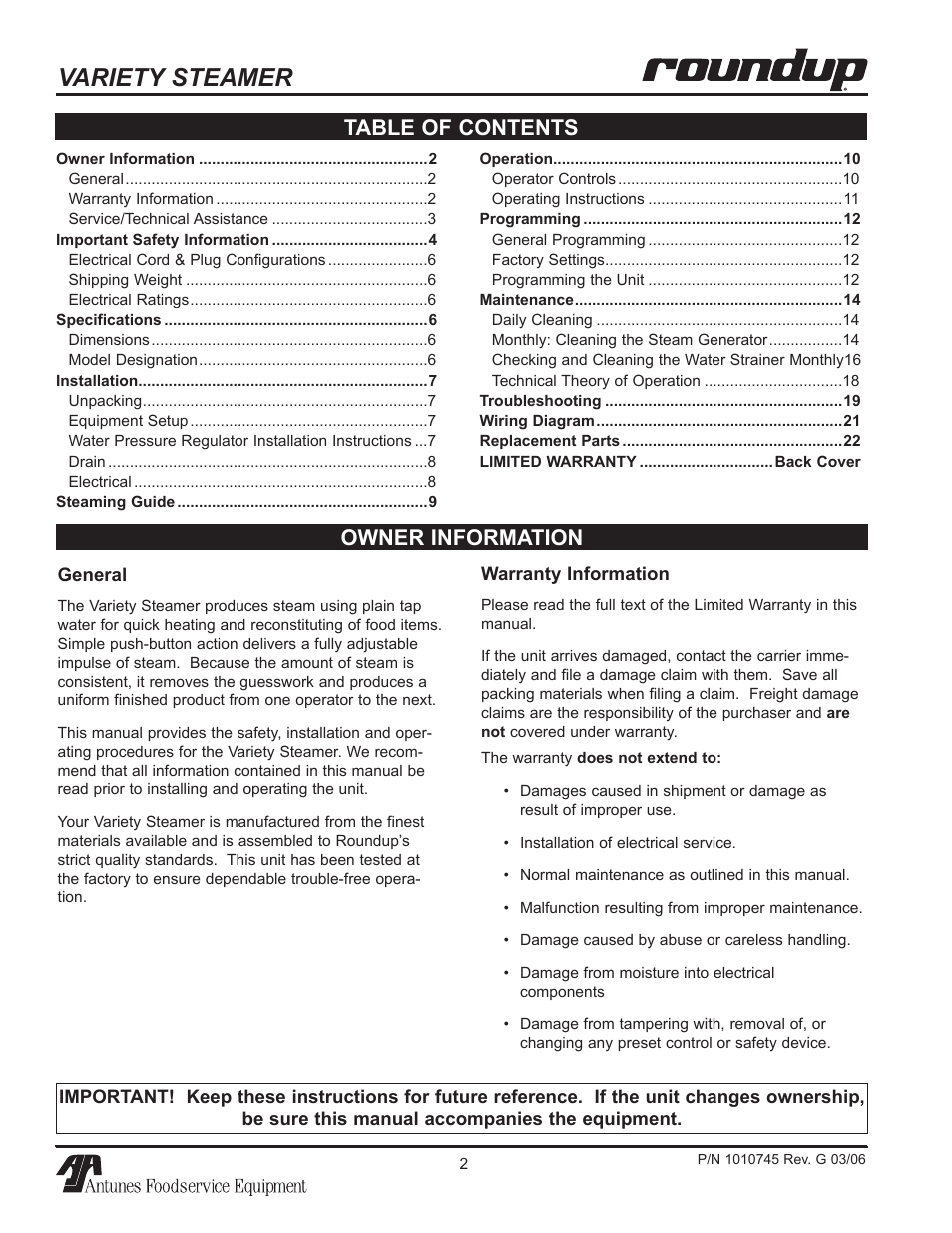 Variety steamer, Owner information table of contents | Antunes, AJ VS-350 User Manual | Page 2 / 24