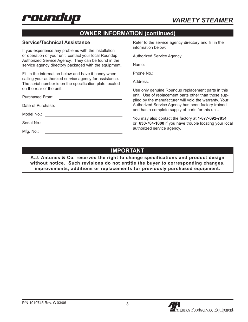 Variety steamer, Owner information (continued) important | Antunes, AJ VS-350 User Manual | Page 3 / 24