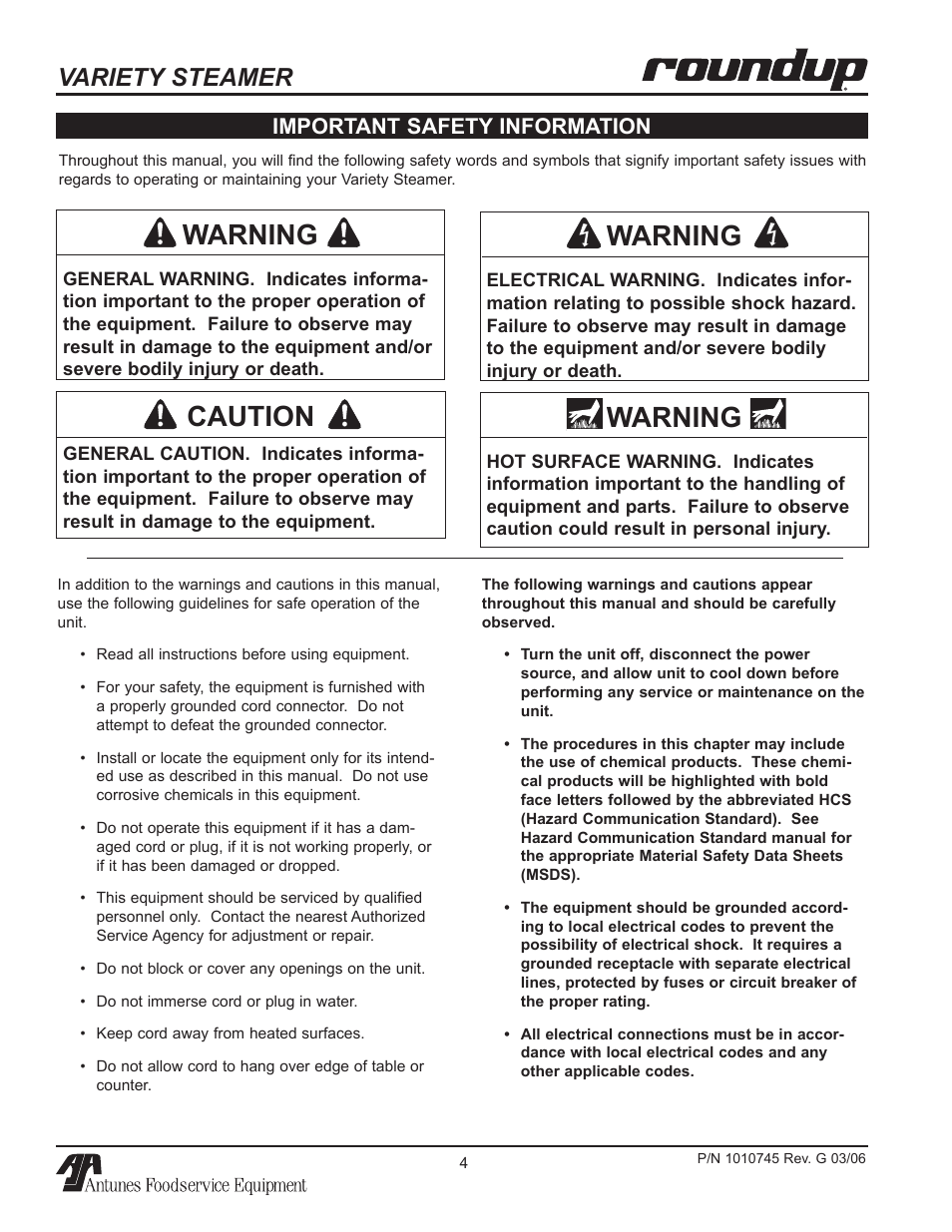 Warning, Caution, Variety steamer | Important safety information | Antunes, AJ VS-350 User Manual | Page 4 / 24
