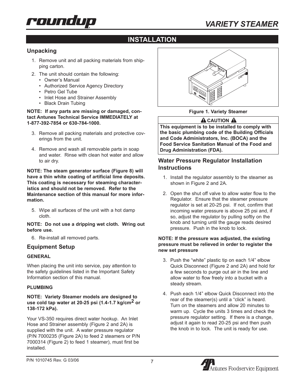Variety steamer, Installation | Antunes, AJ VS-350 User Manual | Page 7 / 24