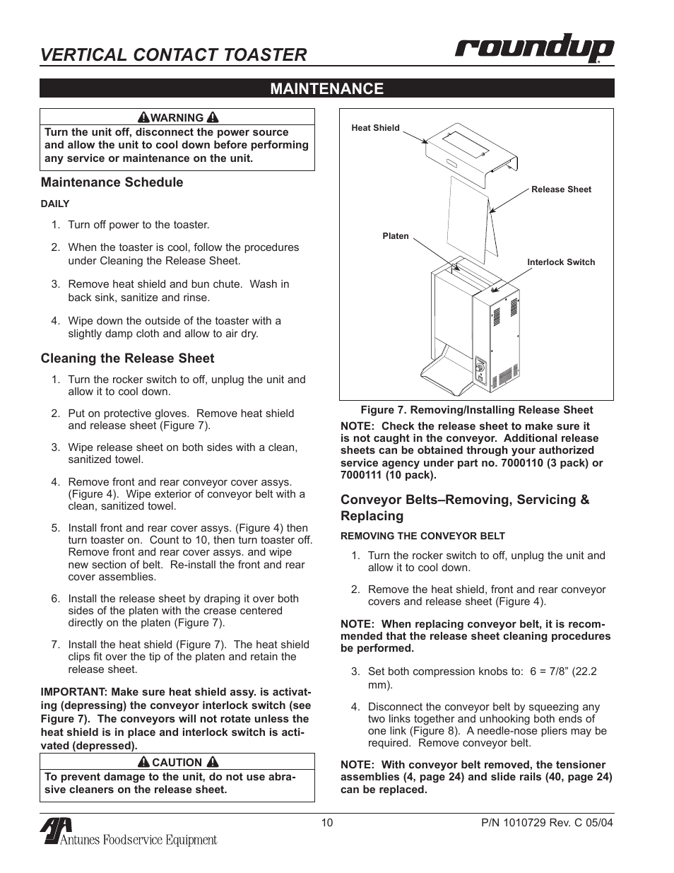 Maintenance, Maintenance schedule, Cleaning the release sheet | Conveyor belts–removing, servicing & replacing 10, Vertical contact toaster | Antunes, AJ VCT-50 User Manual | Page 10 / 28