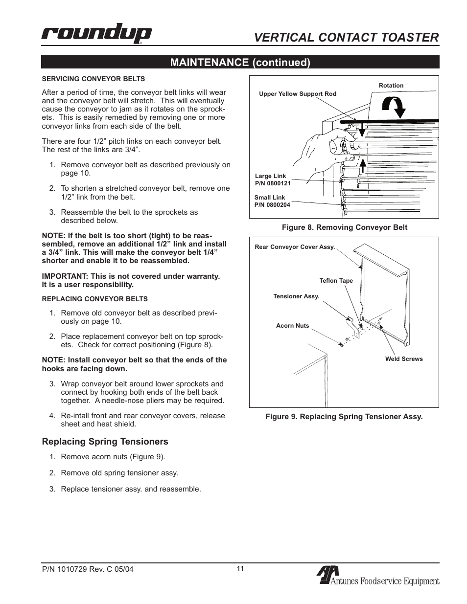 Replacing spring tensioners, Vertical contact toaster, Maintenance (continued) | Antunes, AJ VCT-50 User Manual | Page 11 / 28