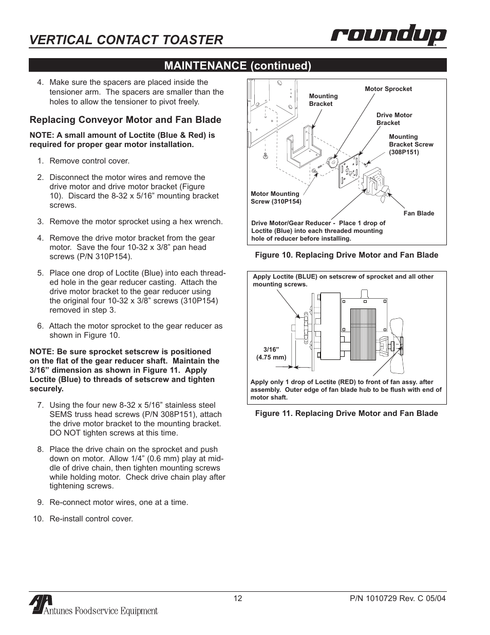 Replacing conveyor motor and fan blade, Vertical contact toaster, Maintenance (continued) | Antunes, AJ VCT-50 User Manual | Page 12 / 28