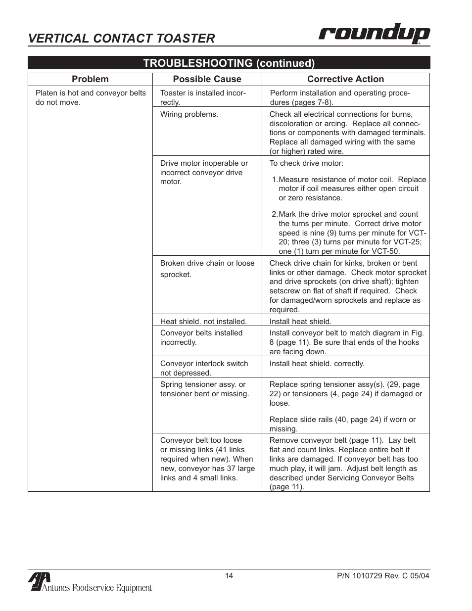 Vertical contact toaster, Troubleshooting (continued) | Antunes, AJ VCT-50 User Manual | Page 14 / 28