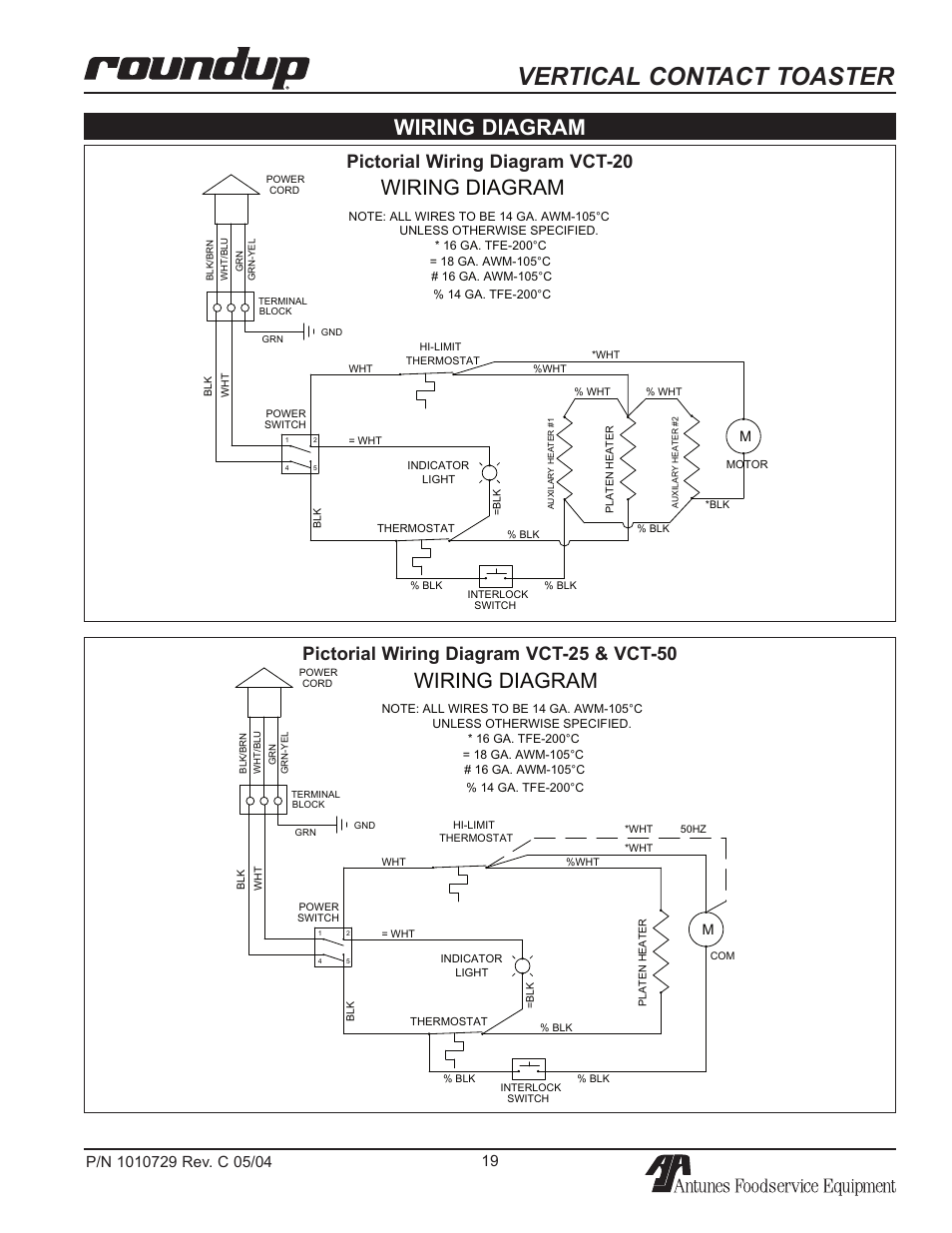 Wiring diagram, Vertical contact toaster, Pictorial wiring diagram vct-20 | Pictorial wiring diagram vct-25 & vct-50 | Antunes, AJ VCT-50 User Manual | Page 19 / 28