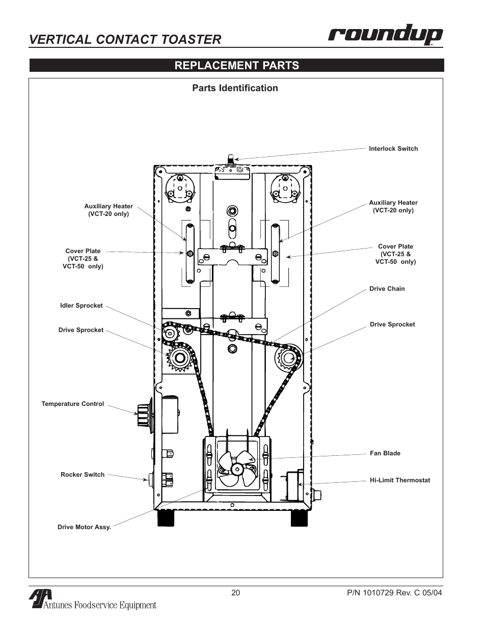 Replacement parts, Vertical contact toaster, Parts identification | Antunes, AJ VCT-50 User Manual | Page 20 / 28