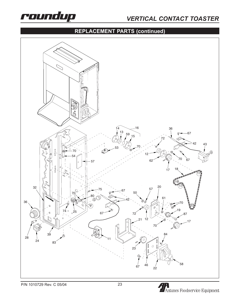 Vertical contact toaster, Replacement parts (continued) | Antunes, AJ VCT-50 User Manual | Page 23 / 28