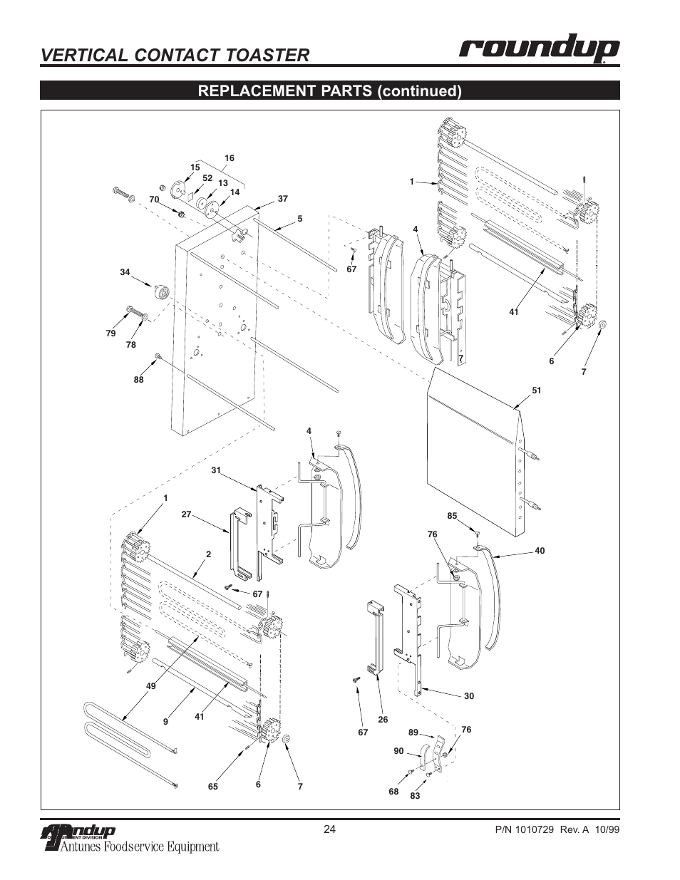 Vertical contact toaster, Replacement parts (continued) | Antunes, AJ VCT-50 User Manual | Page 24 / 28