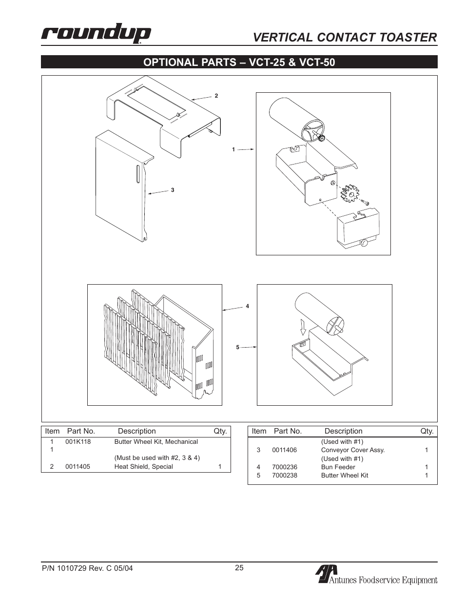 Optional parts – vct-25 & vct-50, Vertical contact toaster | Antunes, AJ VCT-50 User Manual | Page 25 / 28