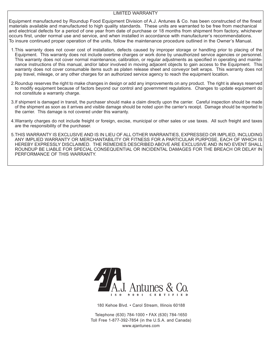 Limited warranty | Antunes, AJ VCT-50 User Manual | Page 28 / 28