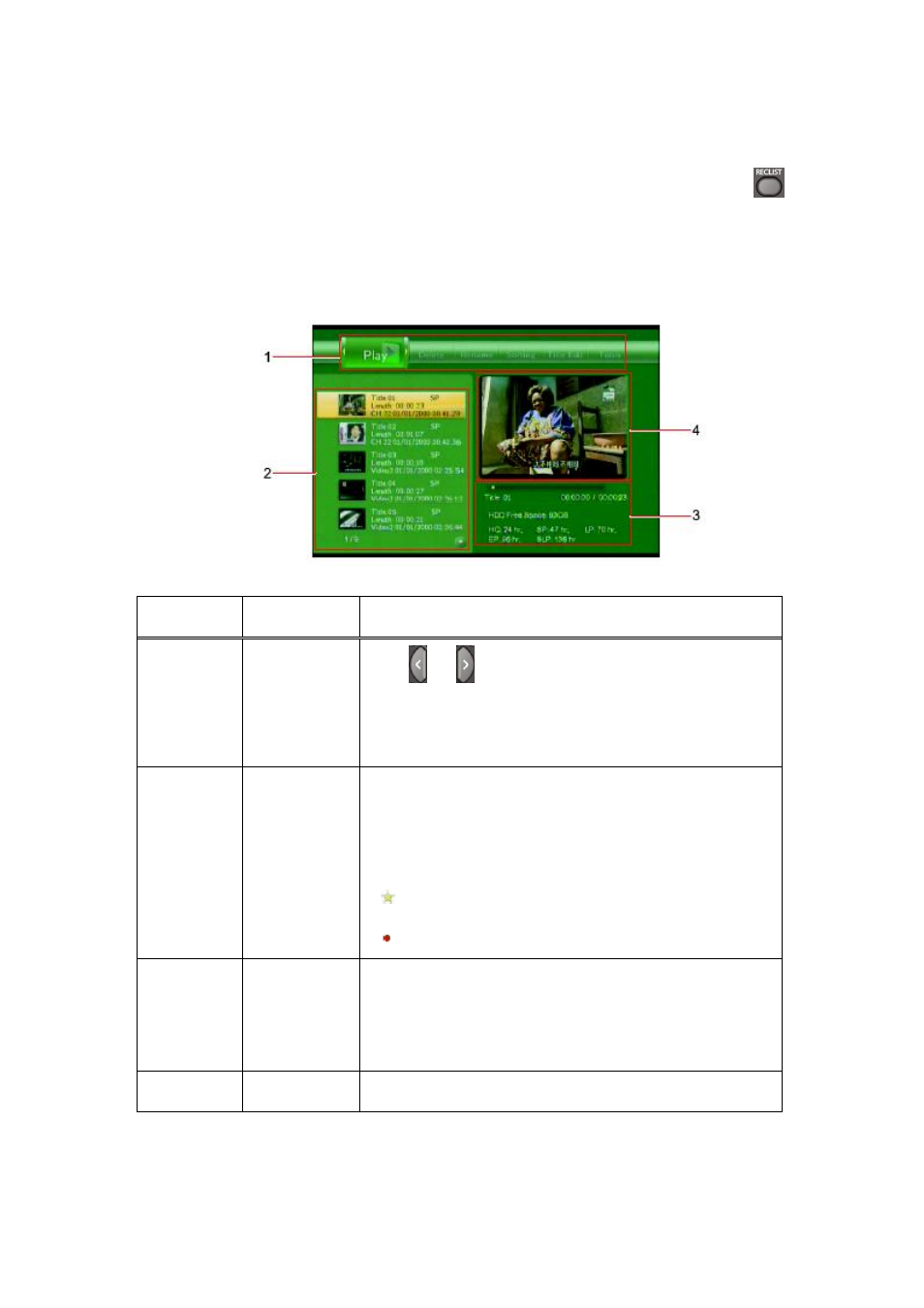 The title list menu for recorded videos, 1 title list menu | chiliGREEN HMC-3903 User Manual | Page 25 / 62