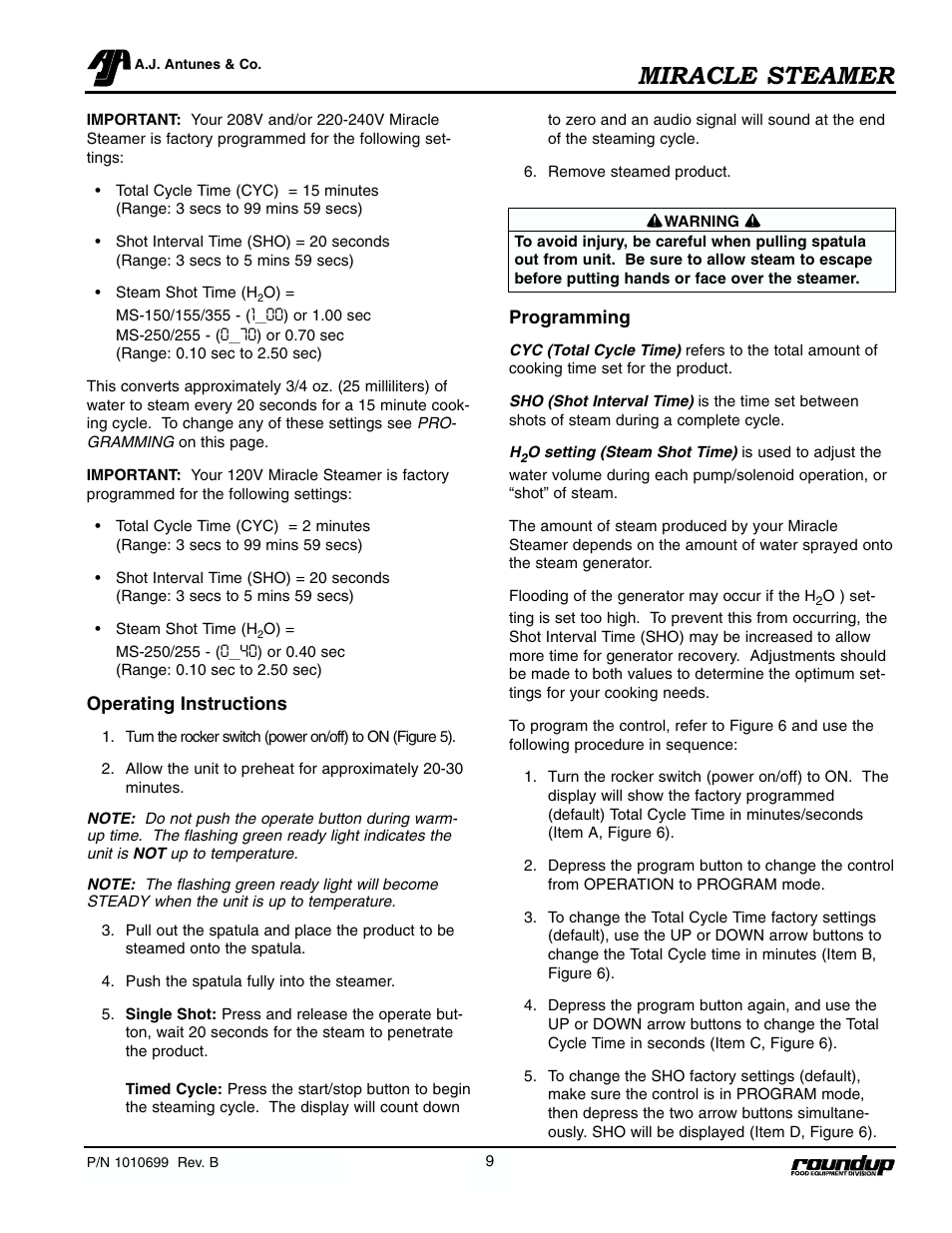 Miracle steamer | Antunes, AJ MS-250/255 User Manual | Page 10 / 28