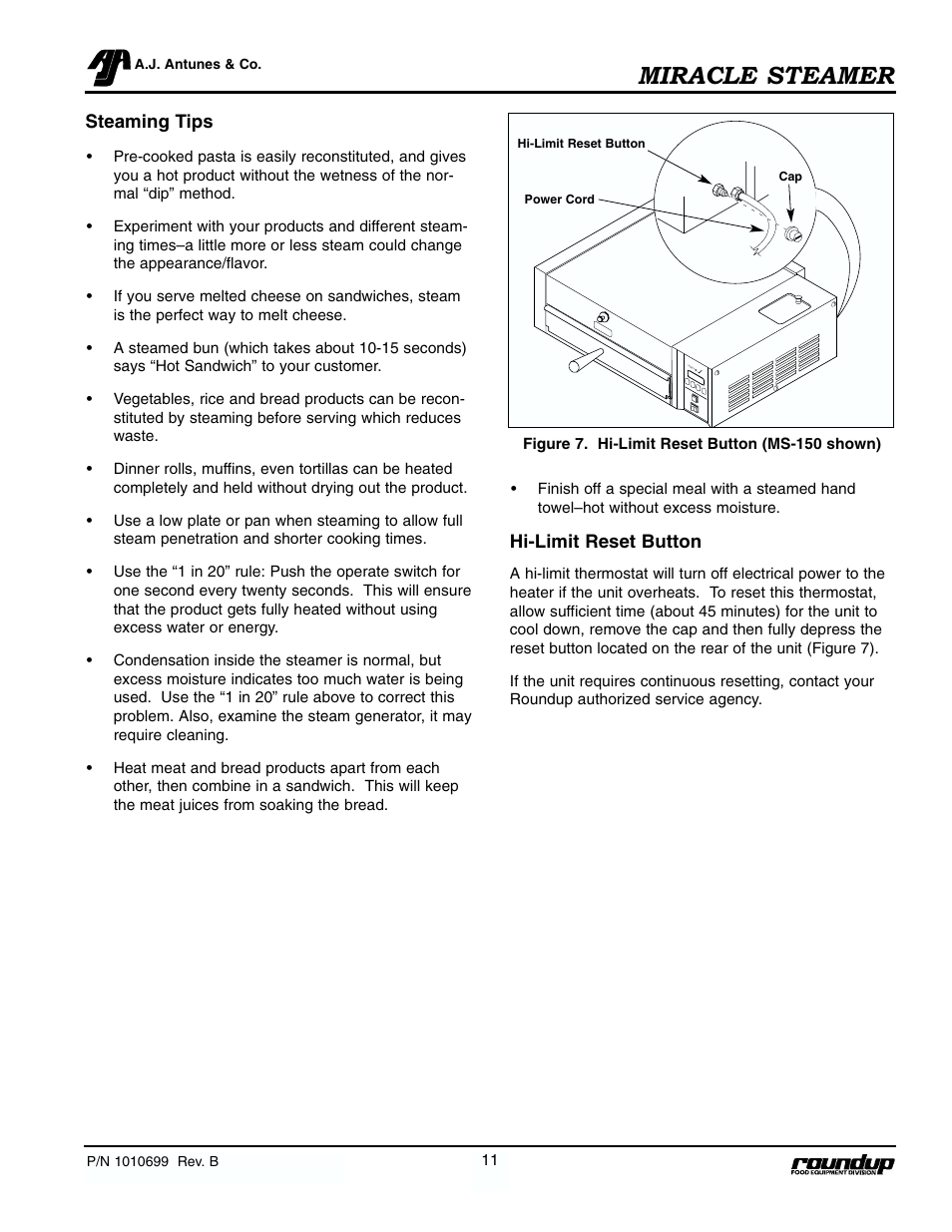 Miracle steamer, Steaming tips, Hi-limit reset button | Antunes, AJ MS-250/255 User Manual | Page 12 / 28