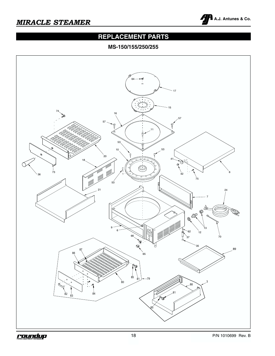 Miracle steamer, Replacement parts | Antunes, AJ MS-250/255 User Manual | Page 19 / 28