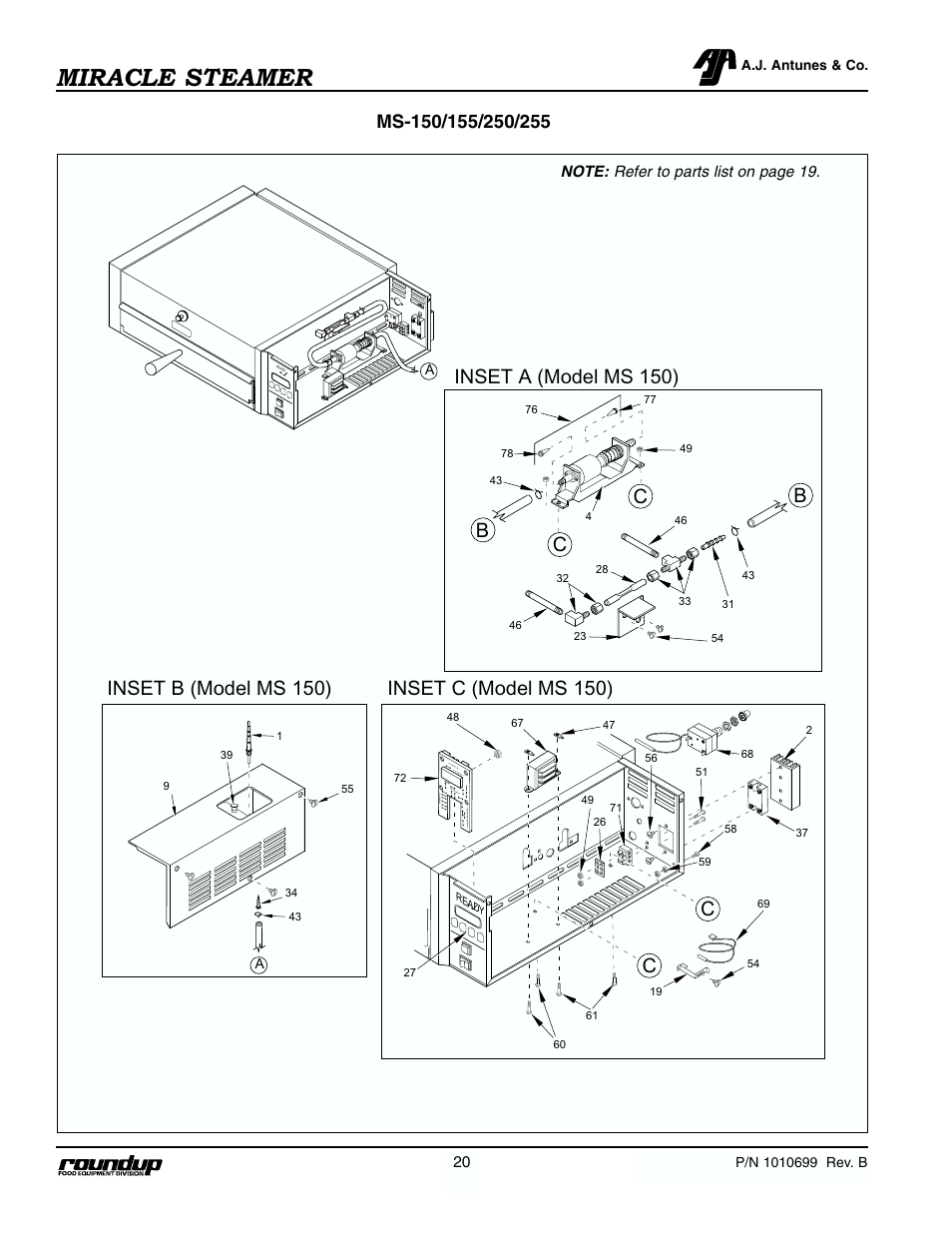 Miracle steamer, Inset b (model ms 150), Bc c | Antunes, AJ MS-250/255 User Manual | Page 21 / 28
