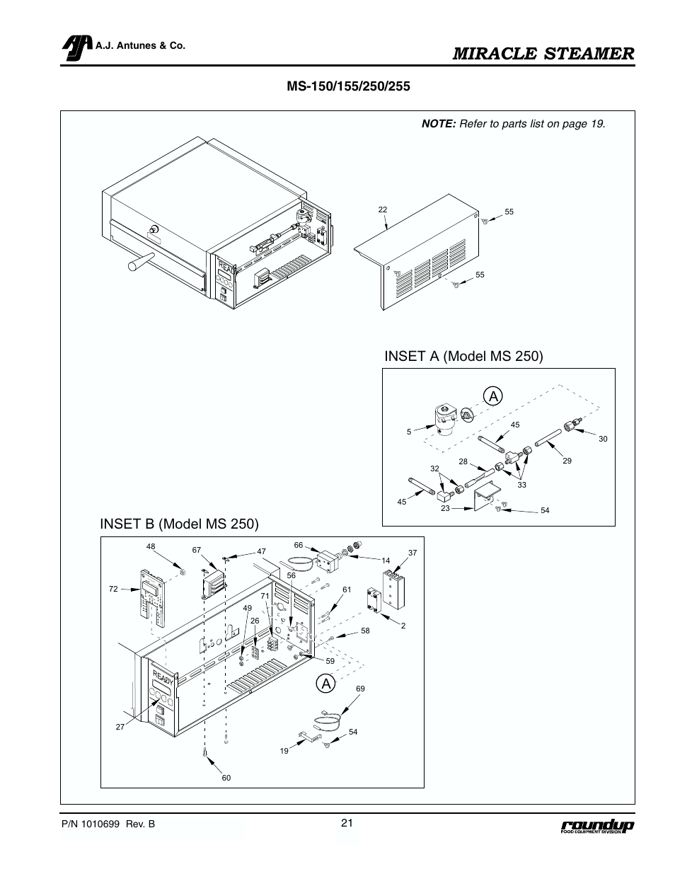 Miracle steamer, Inset a (model ms 250), Inset b (model ms 250) a a | Antunes, AJ MS-250/255 User Manual | Page 22 / 28