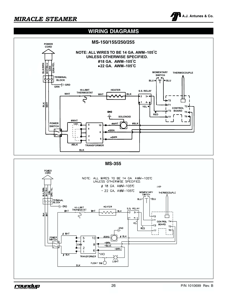 Miracle steamer, Wiring diagrams | Antunes, AJ MS-250/255 User Manual | Page 27 / 28