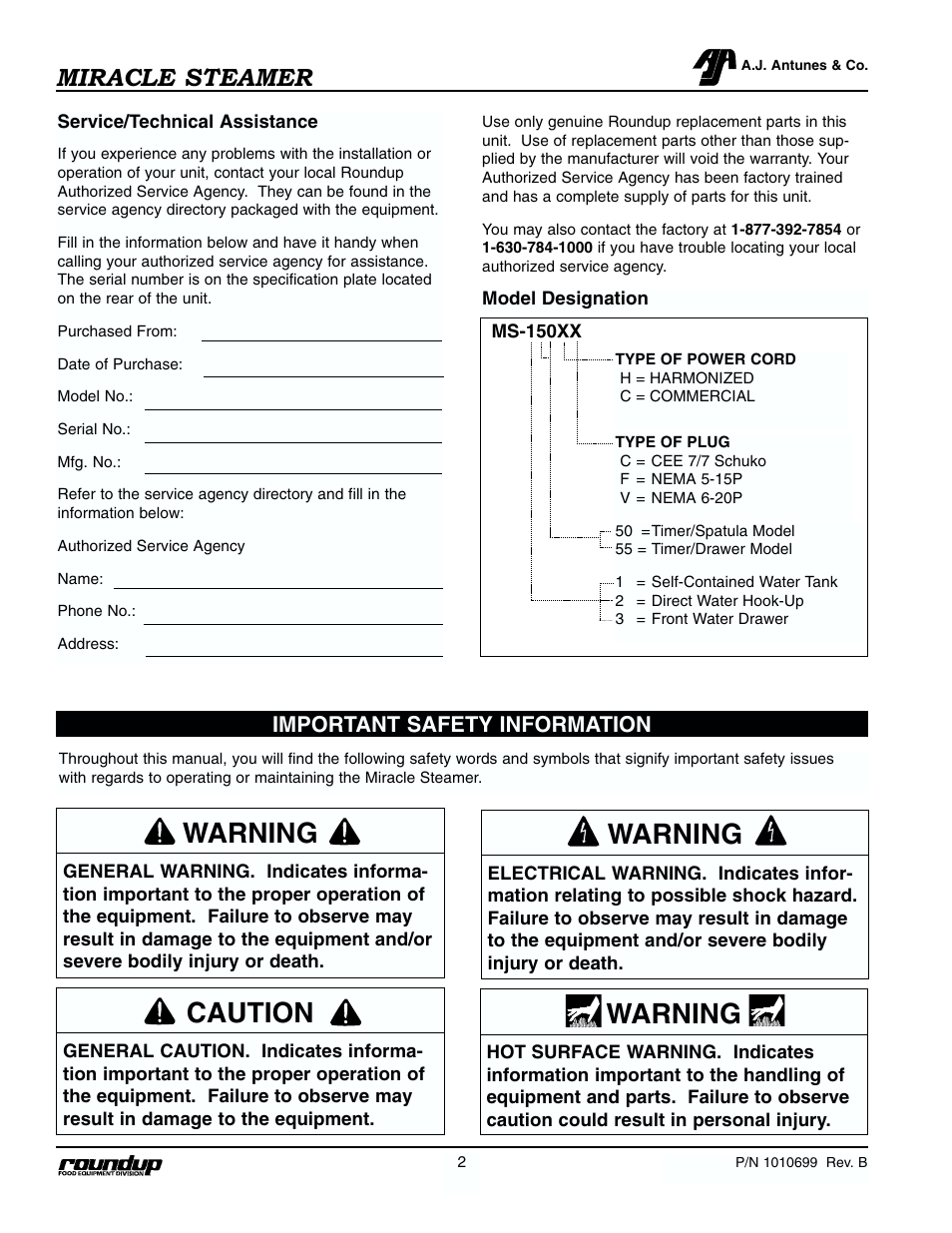 Warning, Caution, Miracle steamer | Important safety information | Antunes, AJ MS-250/255 User Manual | Page 3 / 28