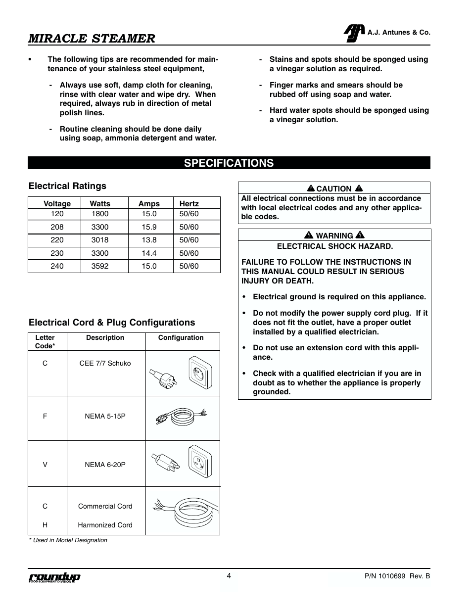 Miracle steamer, Specifications | Antunes, AJ MS-250/255 User Manual | Page 5 / 28