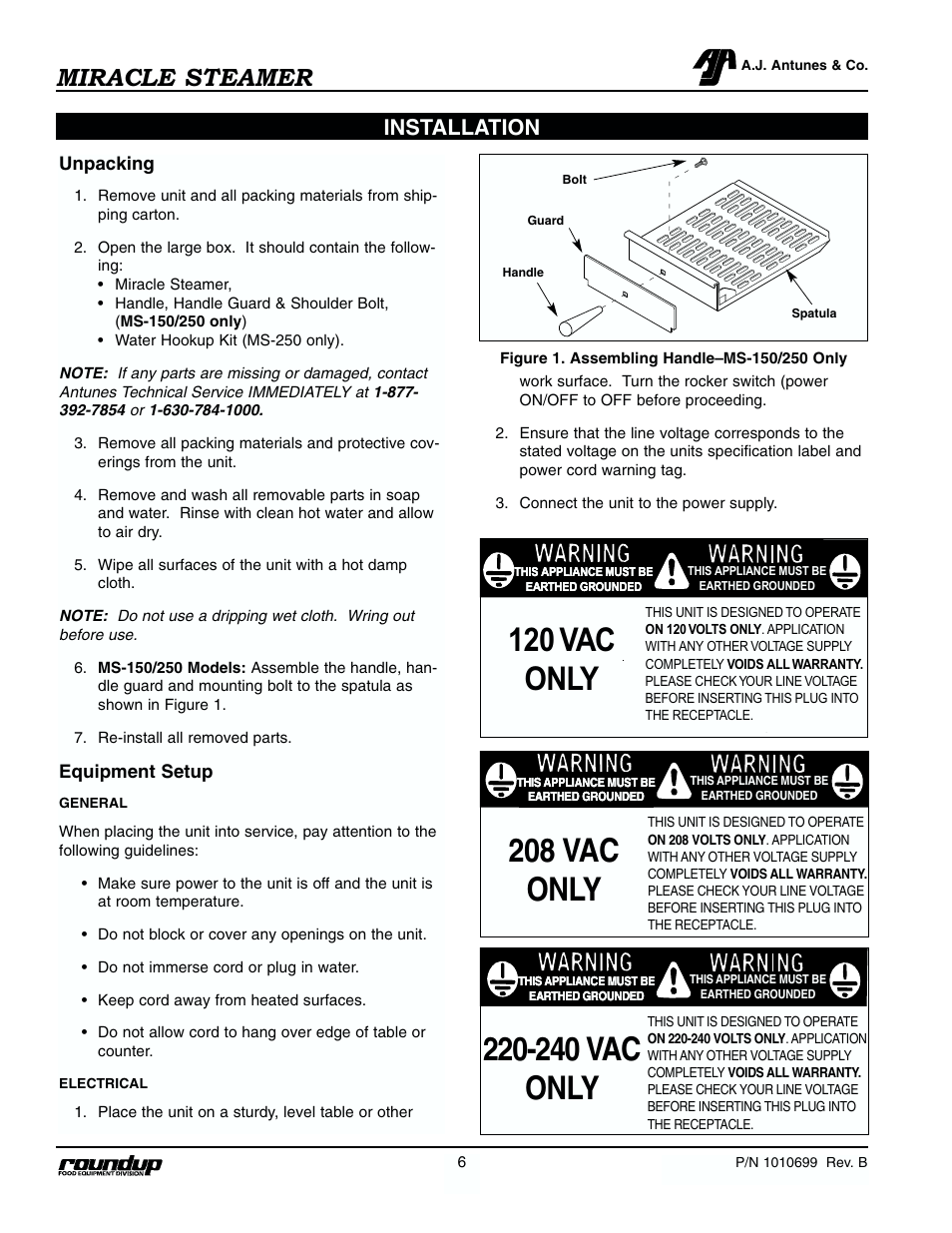 208 vac only, 240 vac only, 120 vac only | Miracle steamer, Installation | Antunes, AJ MS-250/255 User Manual | Page 7 / 28