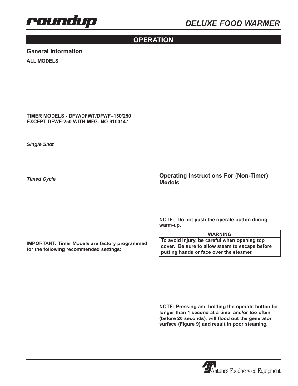Deluxe food warmer, Operation | Antunes, AJ Series 9100100 User Manual | Page 11 / 36
