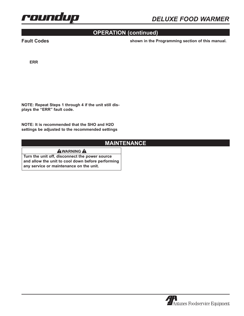 Deluxe food warmer, Operation (continued), Maintenance | Antunes, AJ Series 9100100 User Manual | Page 15 / 36