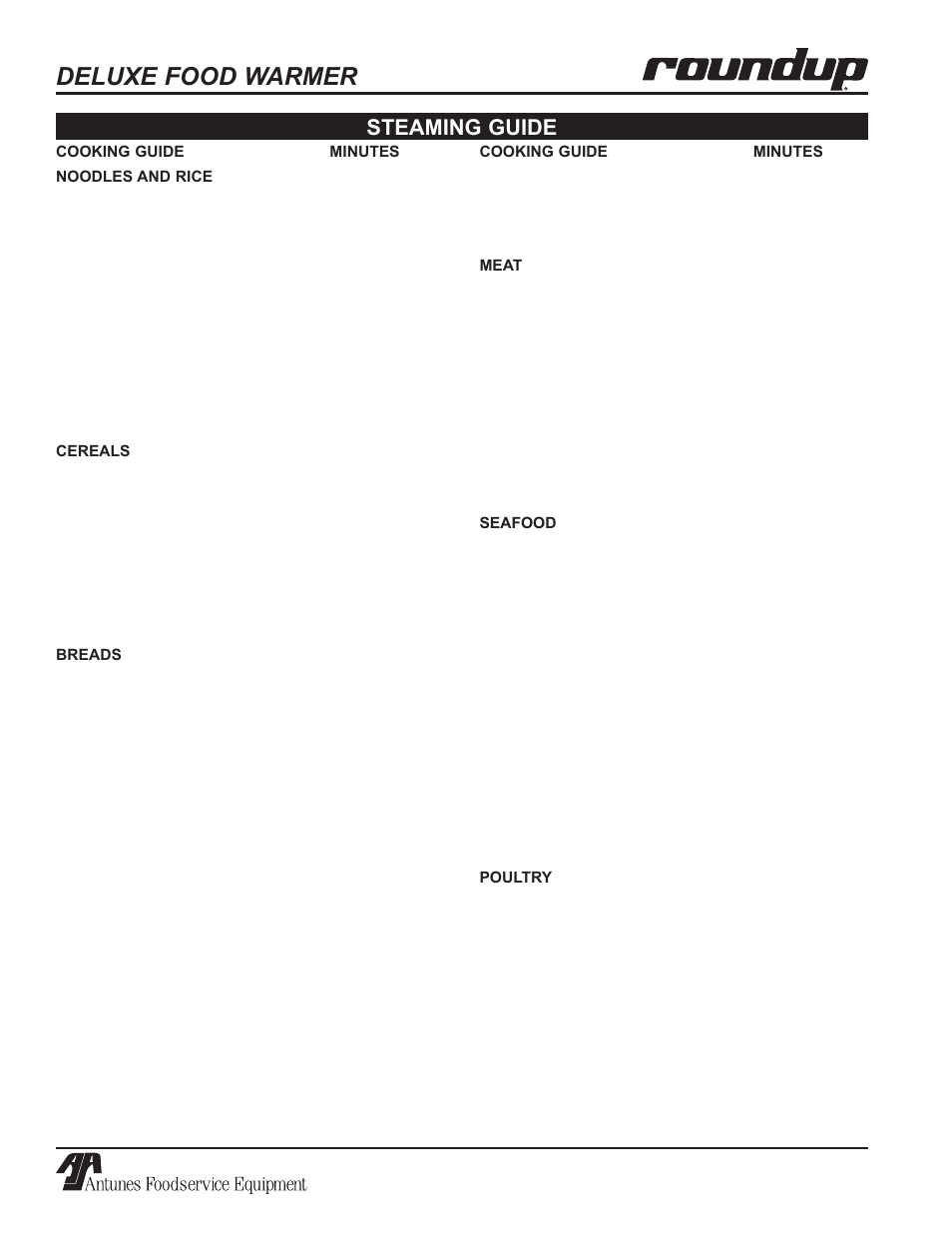 Deluxe food warmer, Steaming guide | Antunes, AJ Series 9100100 User Manual | Page 20 / 36