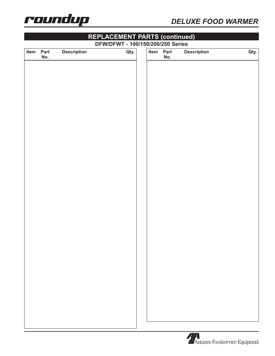 Deluxe food warmer, Replacement parts (continued) | Antunes, AJ Series 9100100 User Manual | Page 29 / 36