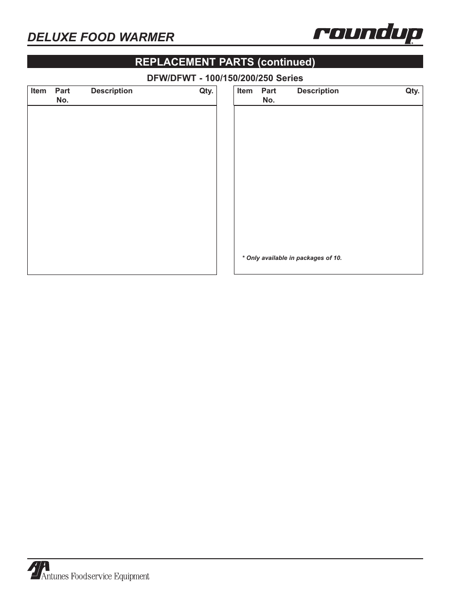 Deluxe food warmer, Replacement parts (continued) | Antunes, AJ Series 9100100 User Manual | Page 30 / 36