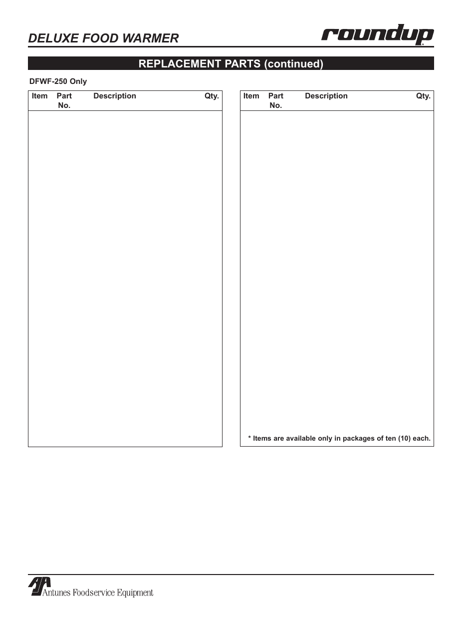 Deluxe food warmer, Replacement parts (continued) | Antunes, AJ Series 9100100 User Manual | Page 32 / 36